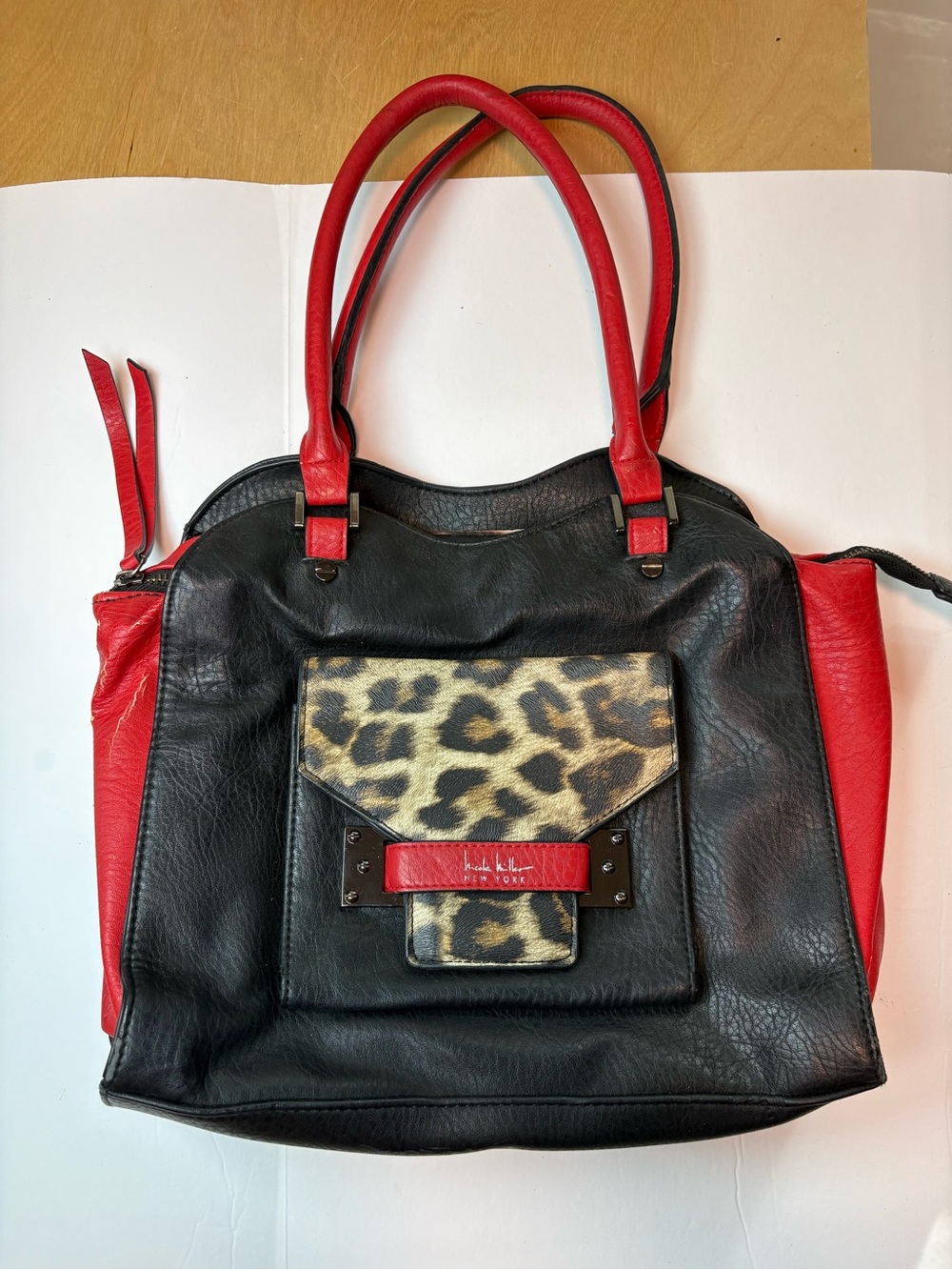 Nicole Miller Handbag Red And Black with Leopard Print Accent Purse Bag